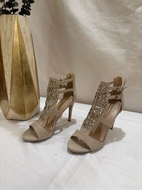 Call It Spring Beige Laser-Cut Strappy High Heels 8.5M